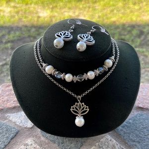Lotus flower pearl set . Fresh water pearls double layer necklace + earrings